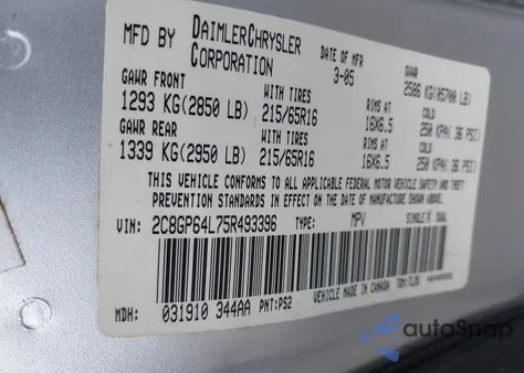 2005 Chrysler Town & Country Limited from USA, damaged, VIN 2C8GP64L75R493396